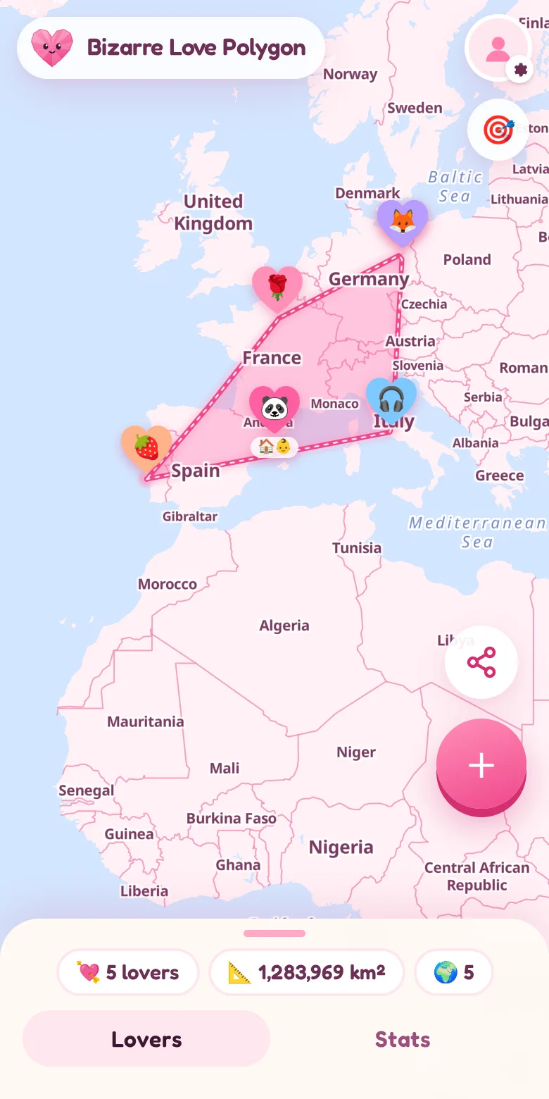 El mapa: cada corazón es una persona, y la forma rosa que une los de fuera es el polígono del amor.